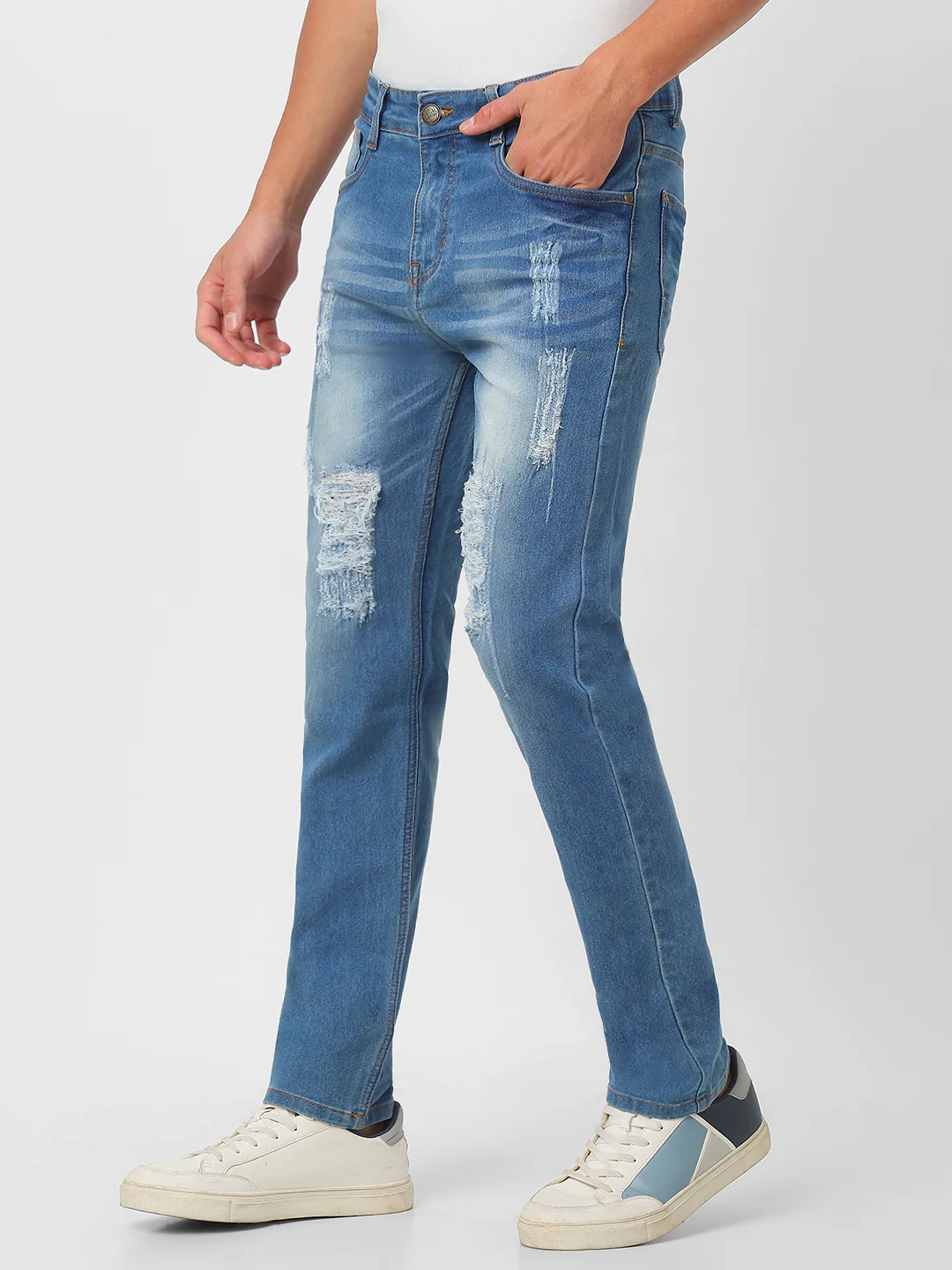 Men's Light Blue Slim Fit Heavy Distressed/Torn Jeans - Image 2