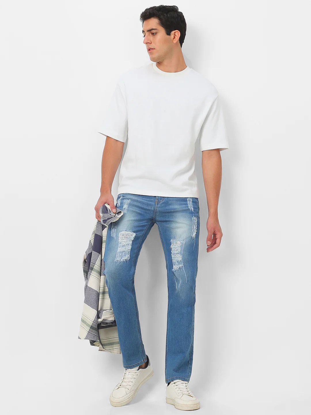 Men's Light Blue Slim Fit Heavy Distressed/Torn Jeans - Image 4