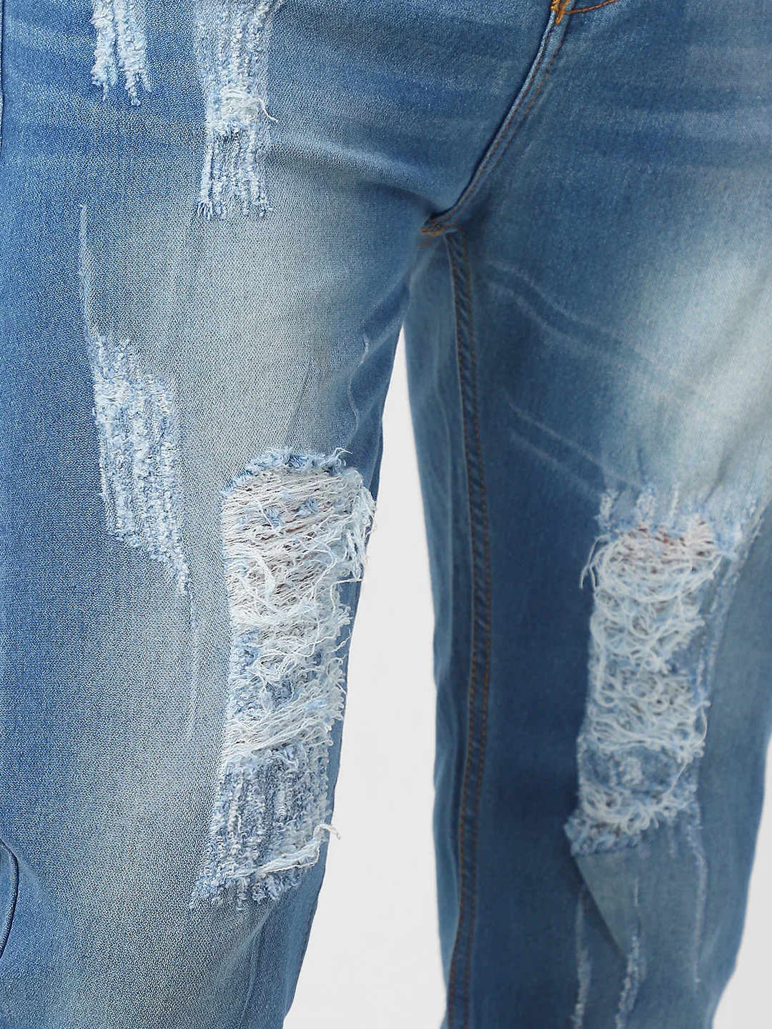Men's Light Blue Slim Fit Heavy Distressed/Torn Jeans - Image 5