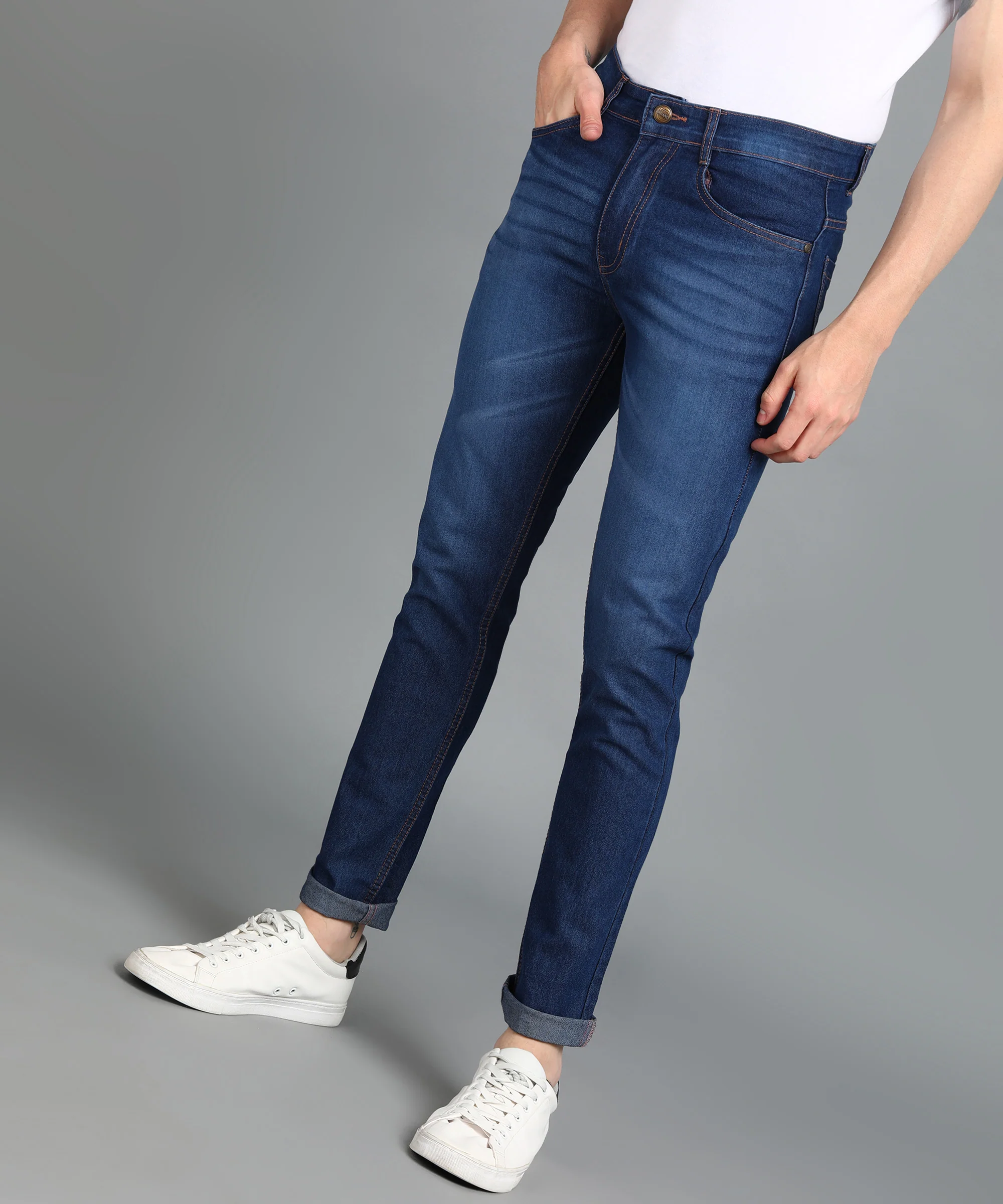 Men's Dark Blue Slim Fit Washed Jeans Stretchable - Image 2