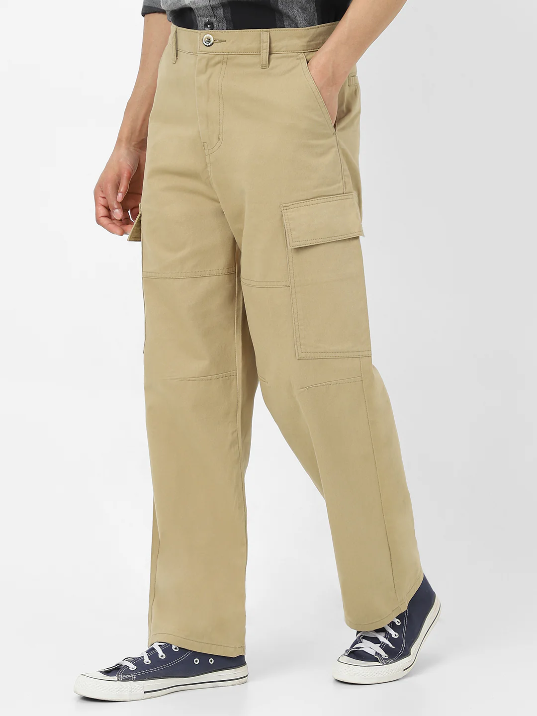 Men's Light Olive Loose Baggy Fit Solid Cargo Chino Pant with 6 Pockets Non-Stretchable - Image 2