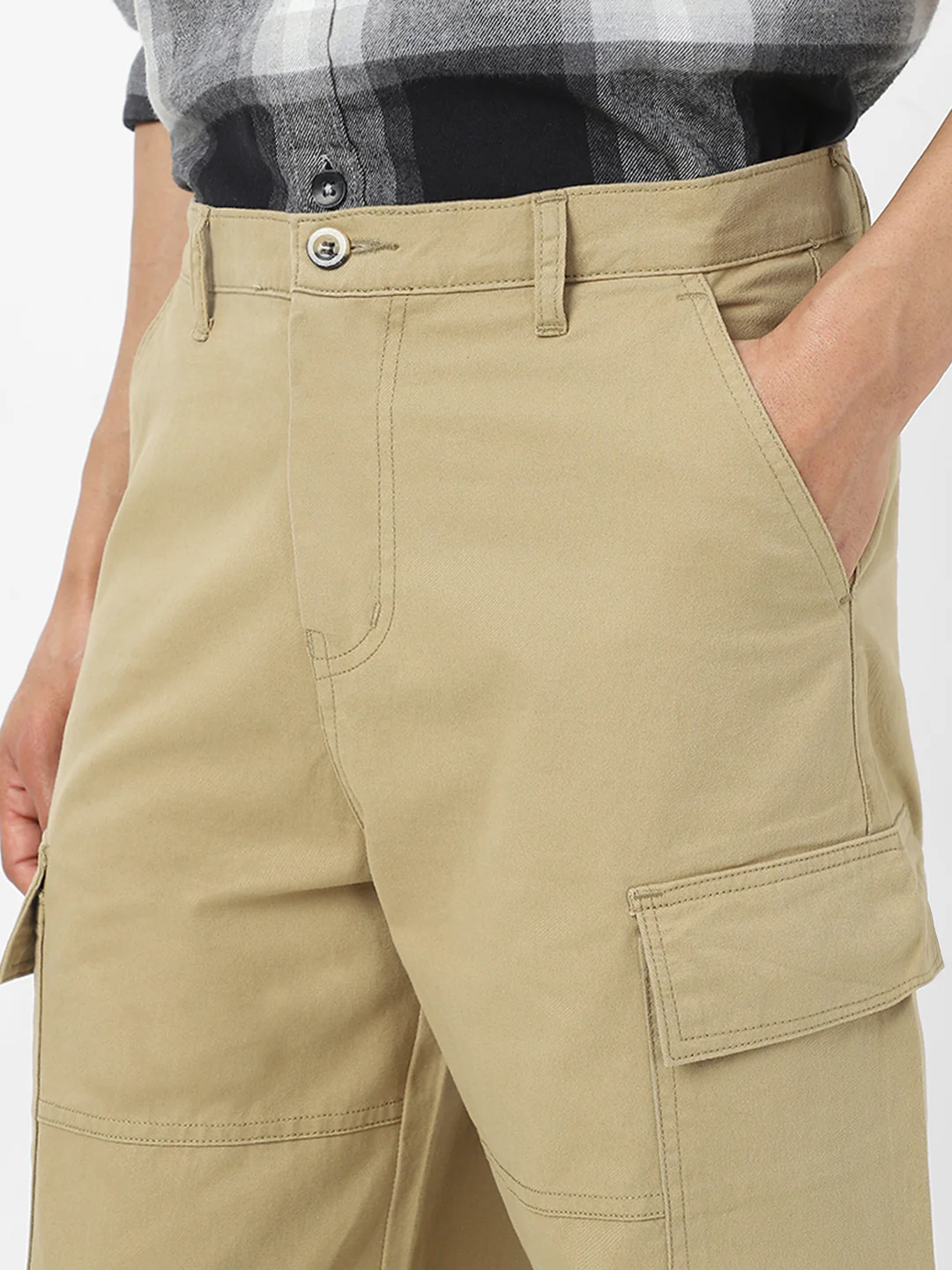 Men's Light Olive Loose Baggy Fit Solid Cargo Chino Pant with 6 Pockets Non-Stretchable - Image 6