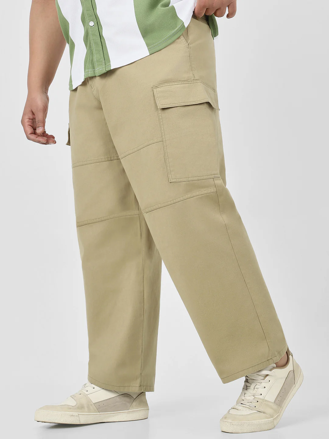 Plus Men's Light Olive Loose Baggy Fit Solid Cargo Chino Pant with 6 Pockets Non-Stretchable