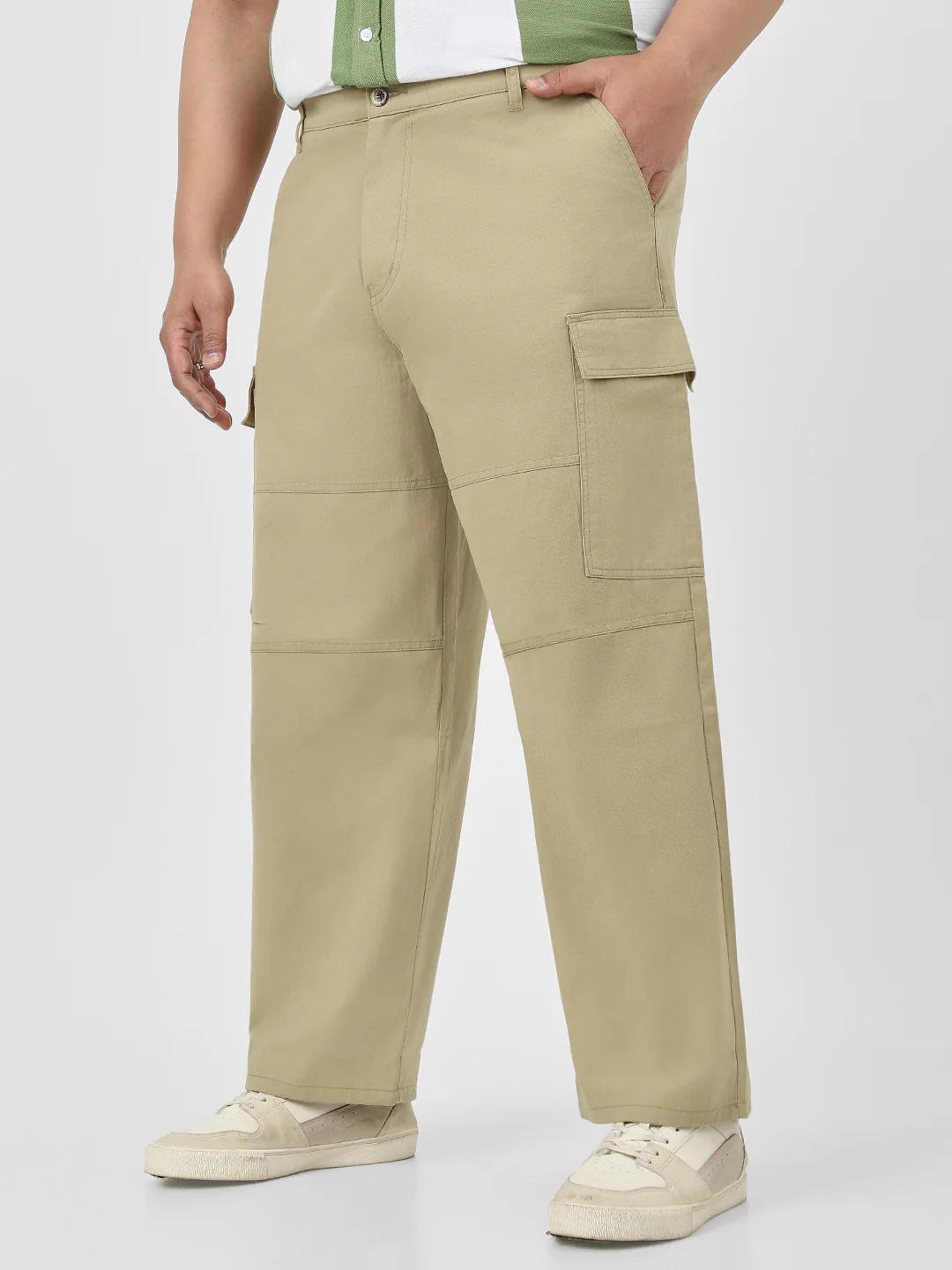 Plus Men's Light Olive Loose Baggy Fit Solid Cargo Chino Pant with 6 Pockets Non-Stretchable - Image 2