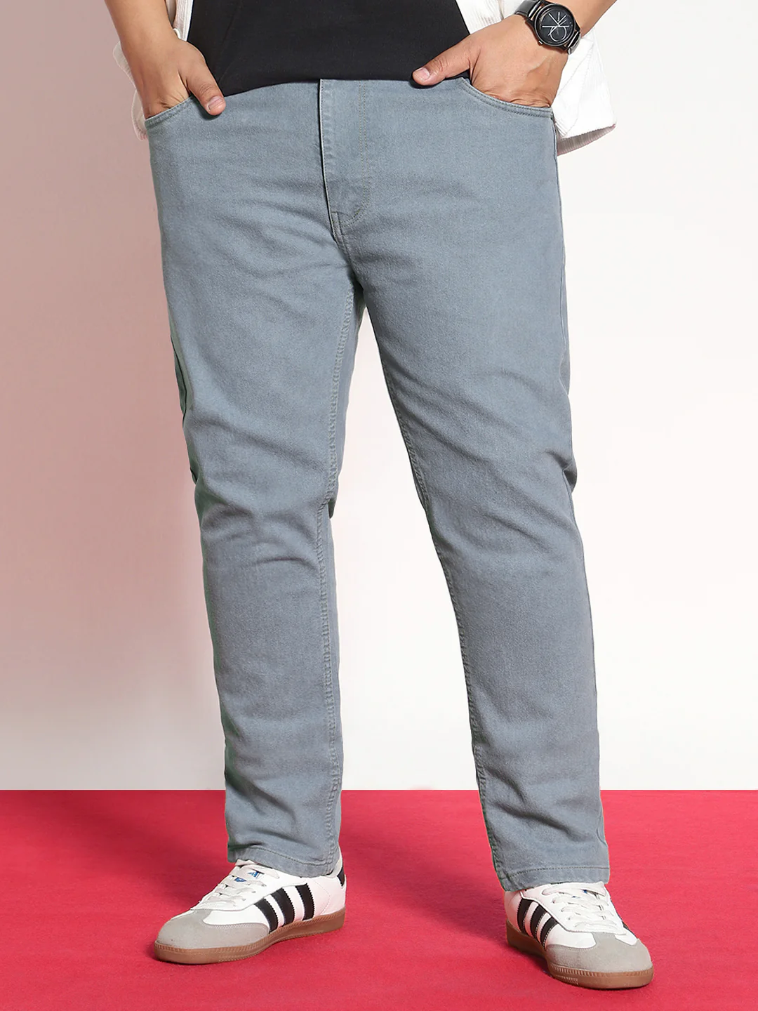 Plus Men's Light Grey Regular Fit Denim Jeans Stretchable - Image 2