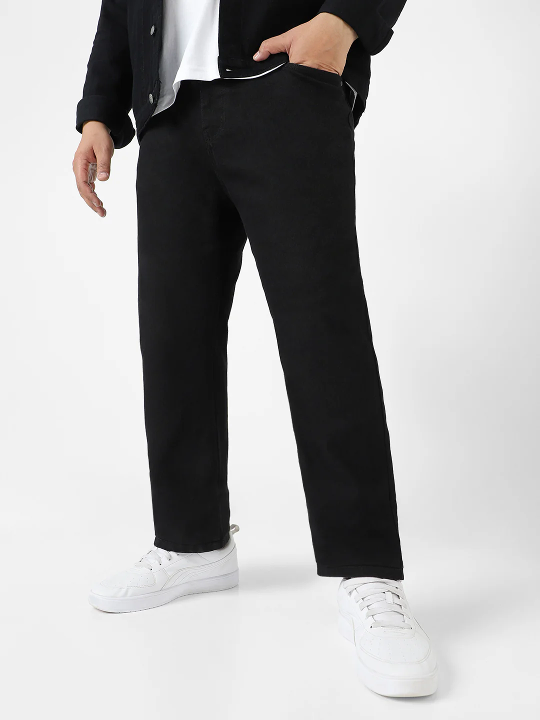 Plus Men's Black Regular Fit Denim Jeans Stretchable