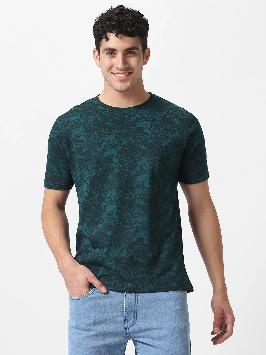 Men's Dark Green Printed Slim Fit Cotton Hal Sleeve T-Shirt - Image 2