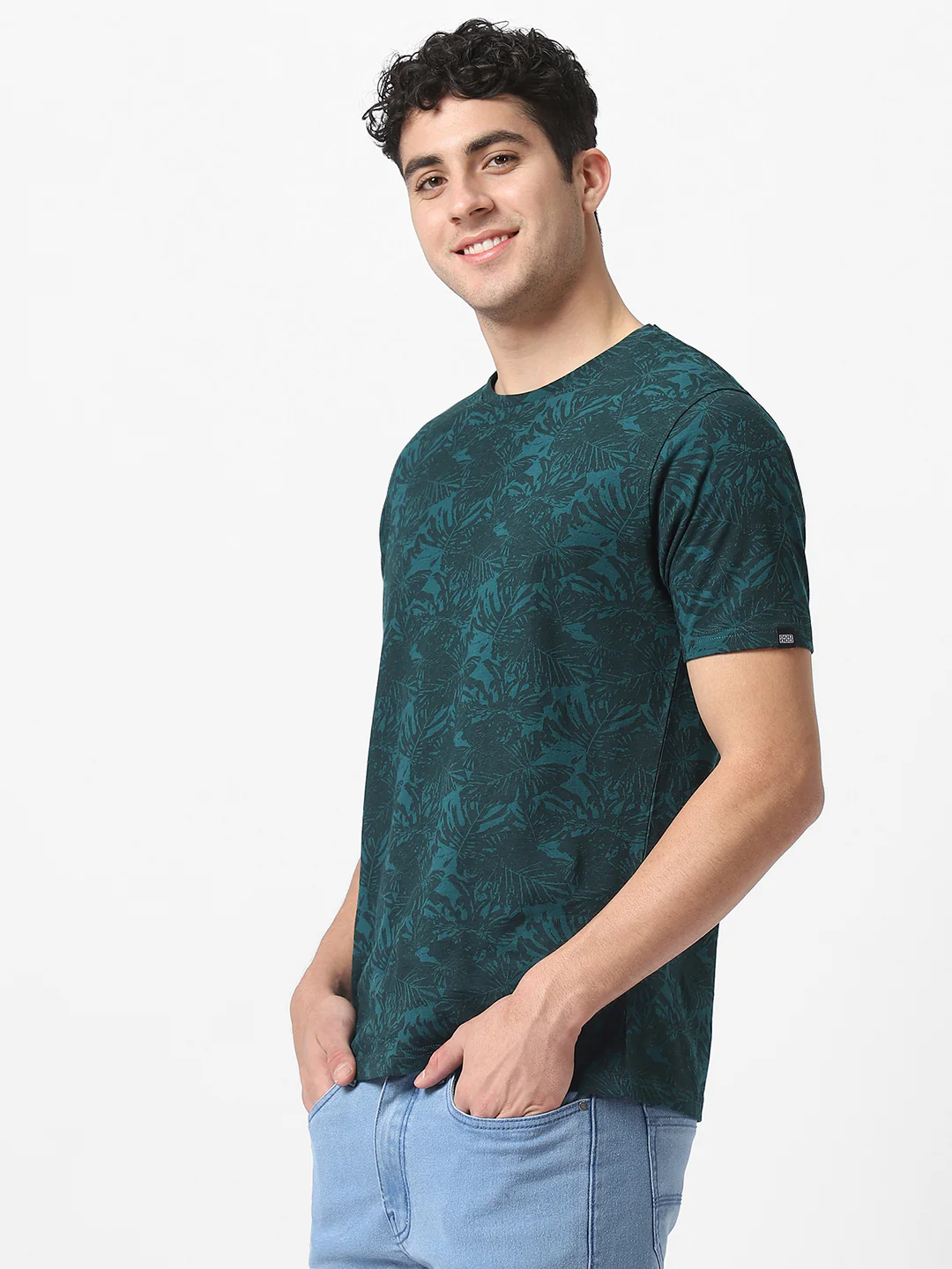 Men's Dark Green Printed Slim Fit Cotton Hal Sleeve T-Shirt - Image 3