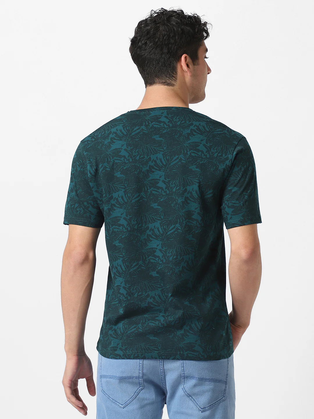 Men's Dark Green Printed Slim Fit Cotton Hal Sleeve T-Shirt - Image 4