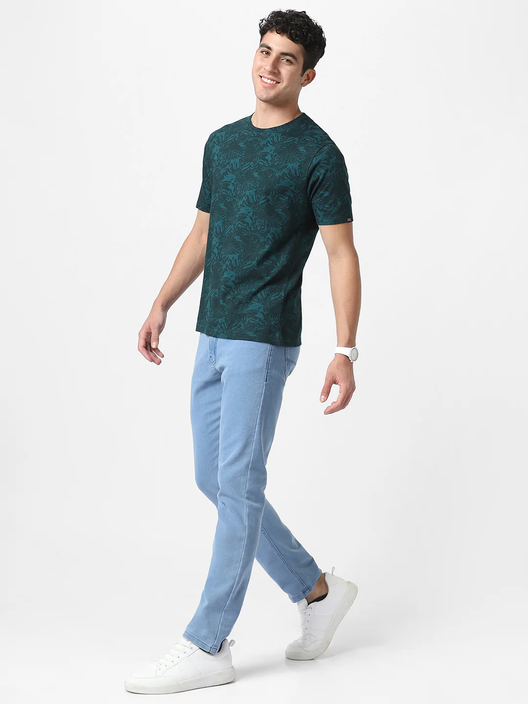 Men's Dark Green Printed Slim Fit Cotton Hal Sleeve T-Shirt - Image 5