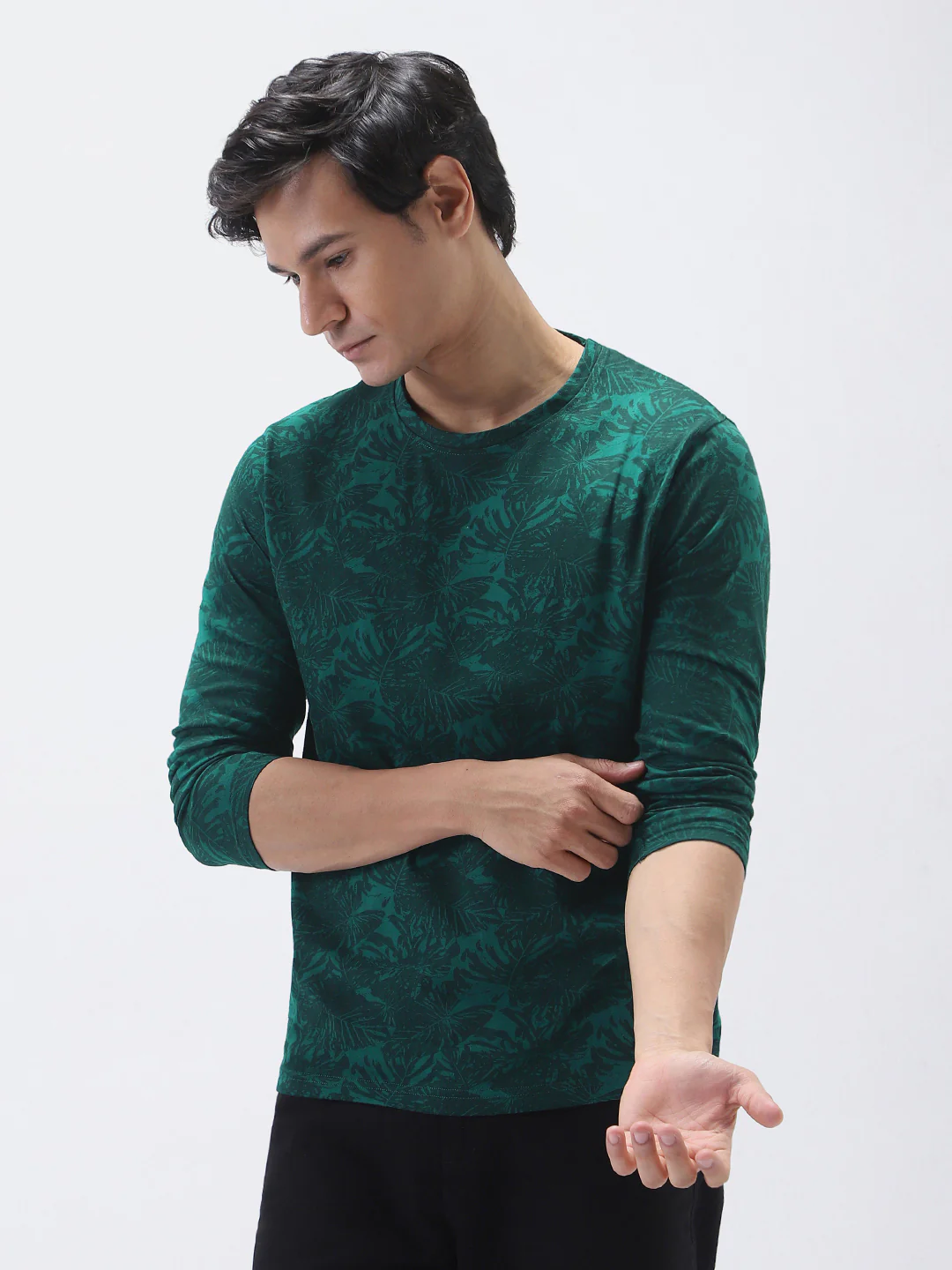 Men's Slim Fit Dark Green Printed Full Sleeve T-Shirt - Image 3