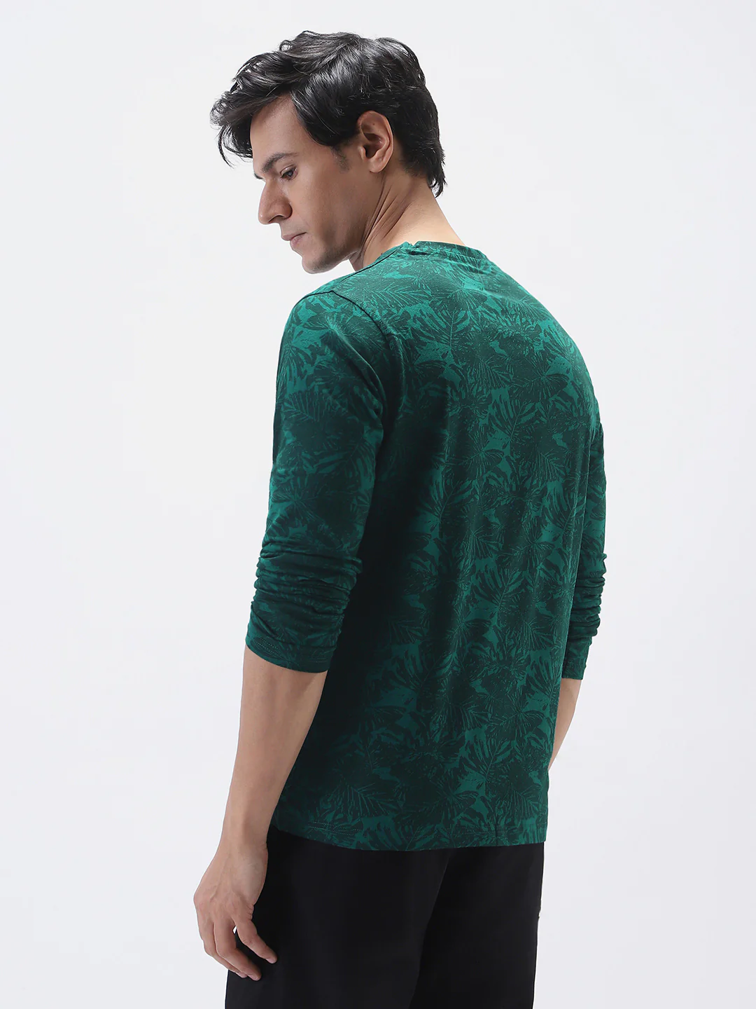 Men's Slim Fit Dark Green Printed Full Sleeve T-Shirt - Image 4