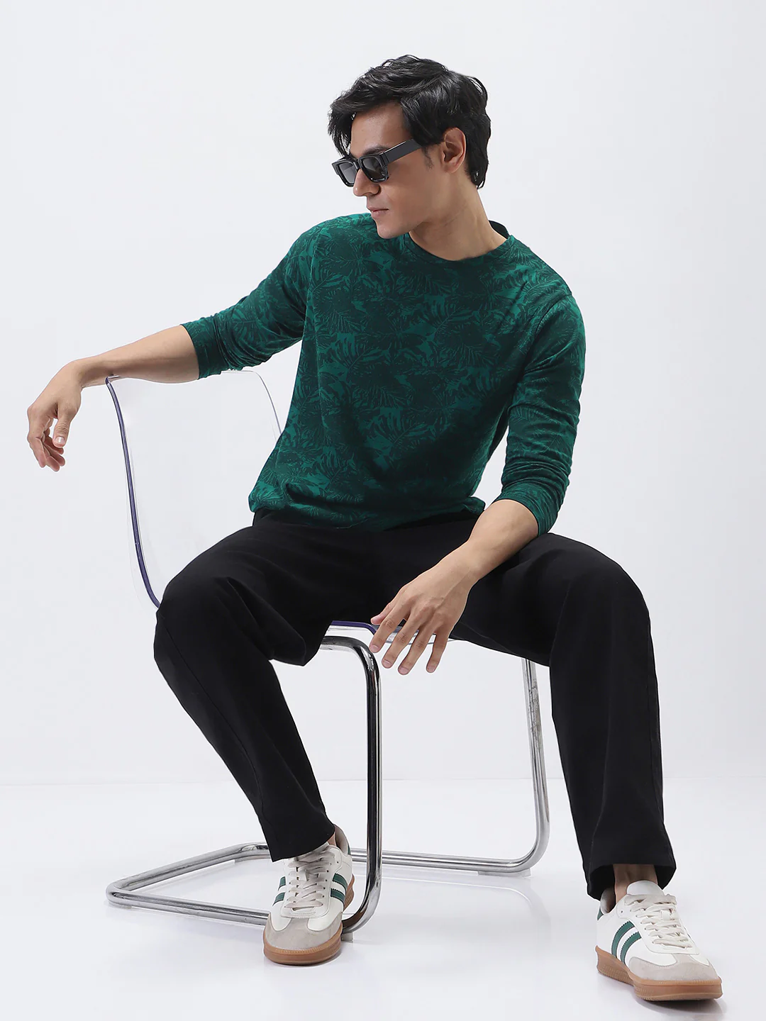 Men's Slim Fit Dark Green Printed Full Sleeve T-Shirt - Image 5