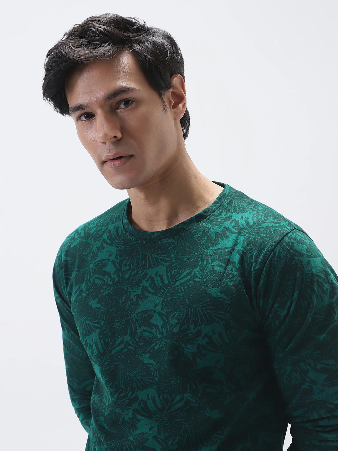 Men's Slim Fit Dark Green Printed Full Sleeve T-Shirt - Image 6