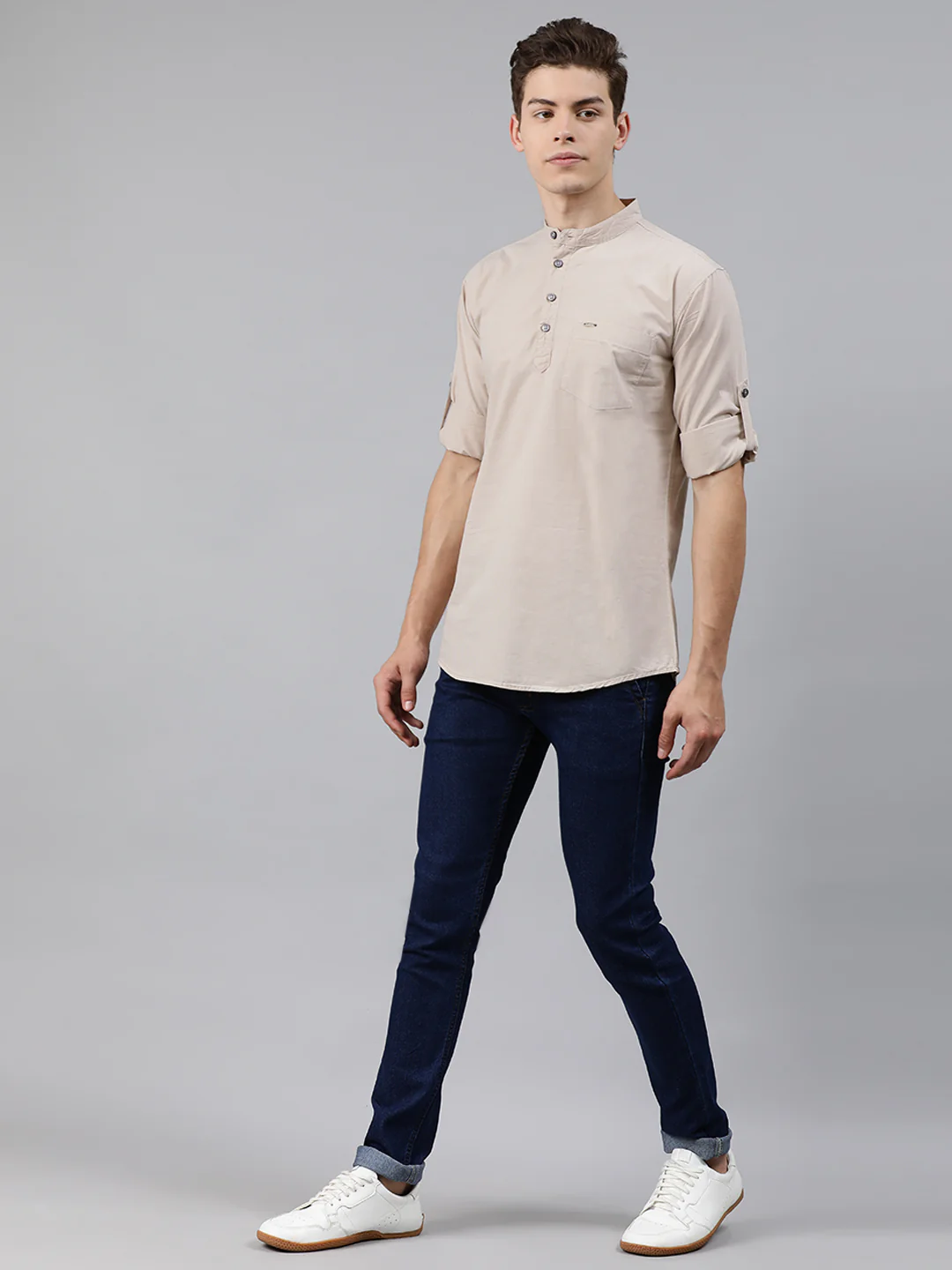 Men Beige Slim Fit Solid Casual Shirt - Image 4