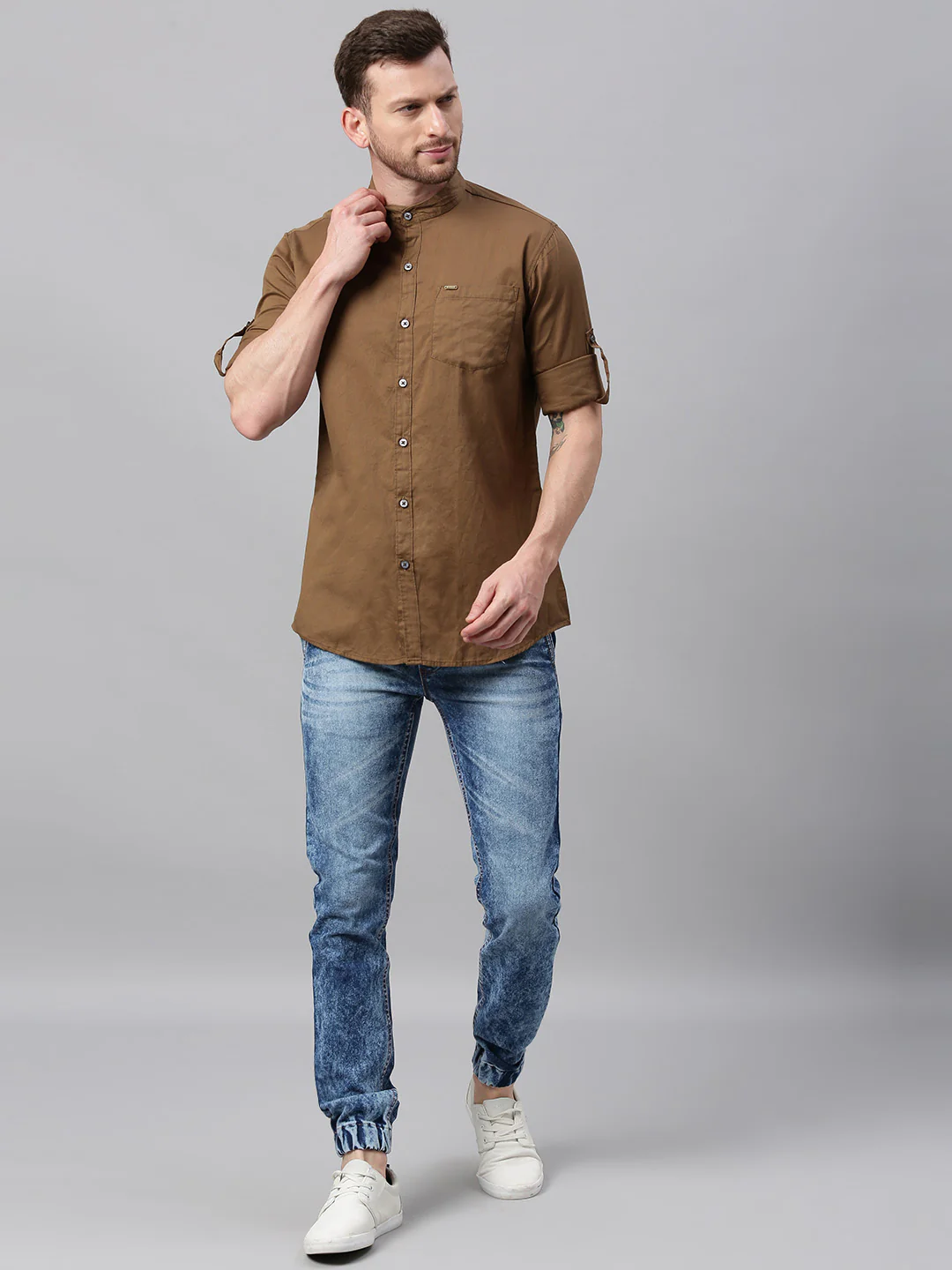 Men Olive Green Slim Fit Solid Casual Shirt - Image 4
