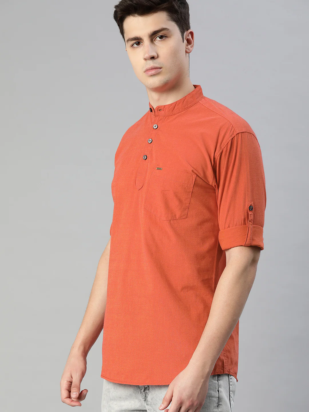 Men Rust Orange Slim Fit Solid Casual Shirt - Image 2