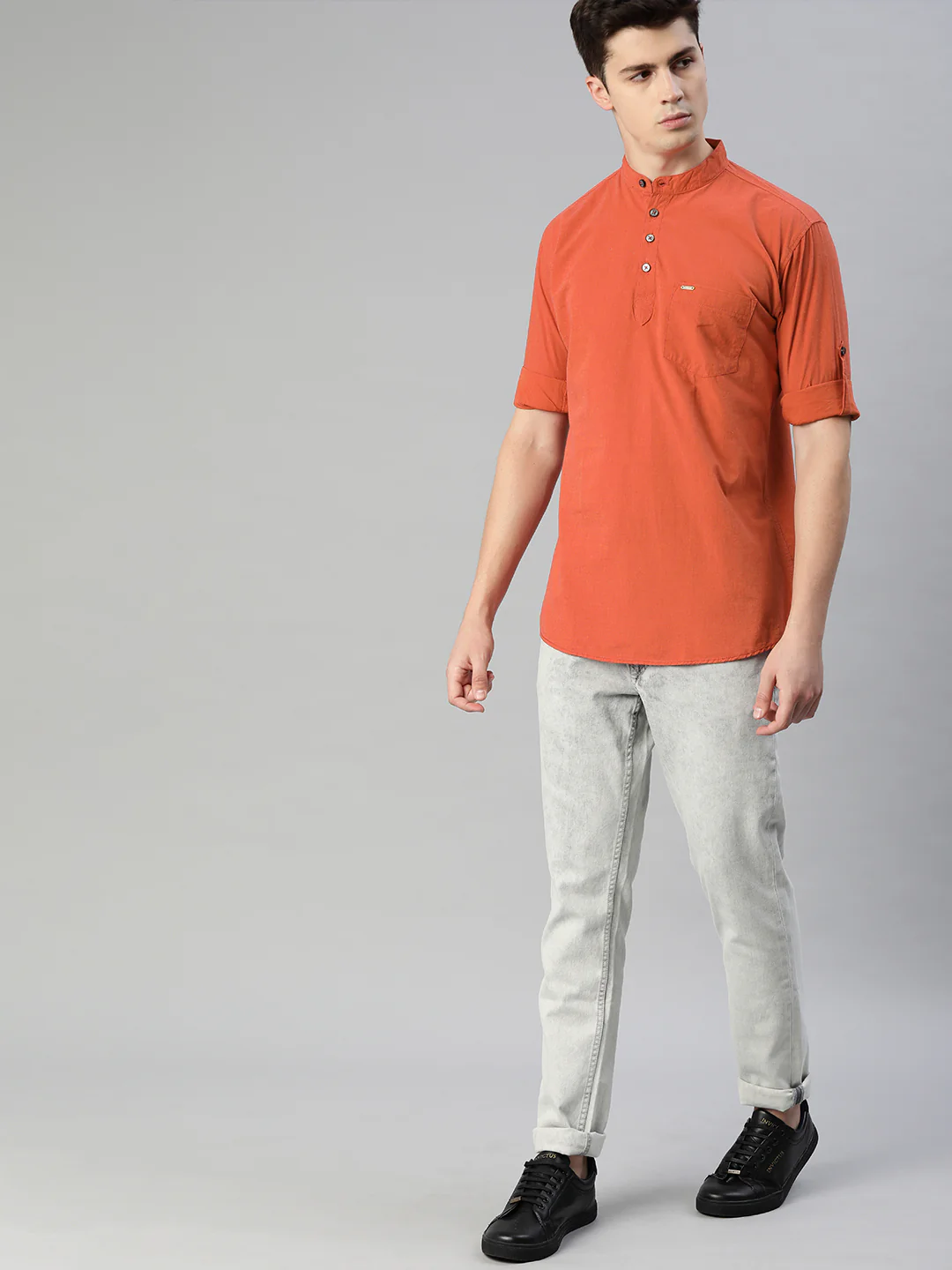Men Rust Orange Slim Fit Solid Casual Shirt - Image 4