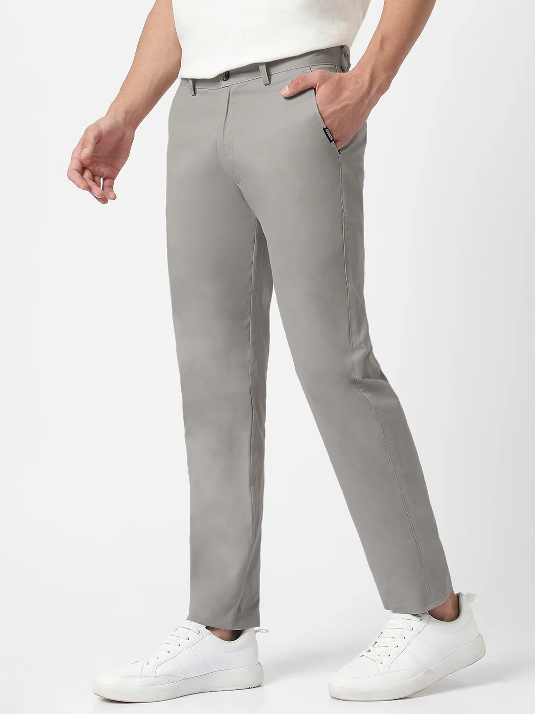 Men's Grey Cotton Slim Fit Casual Chinos Trousers - Image 3