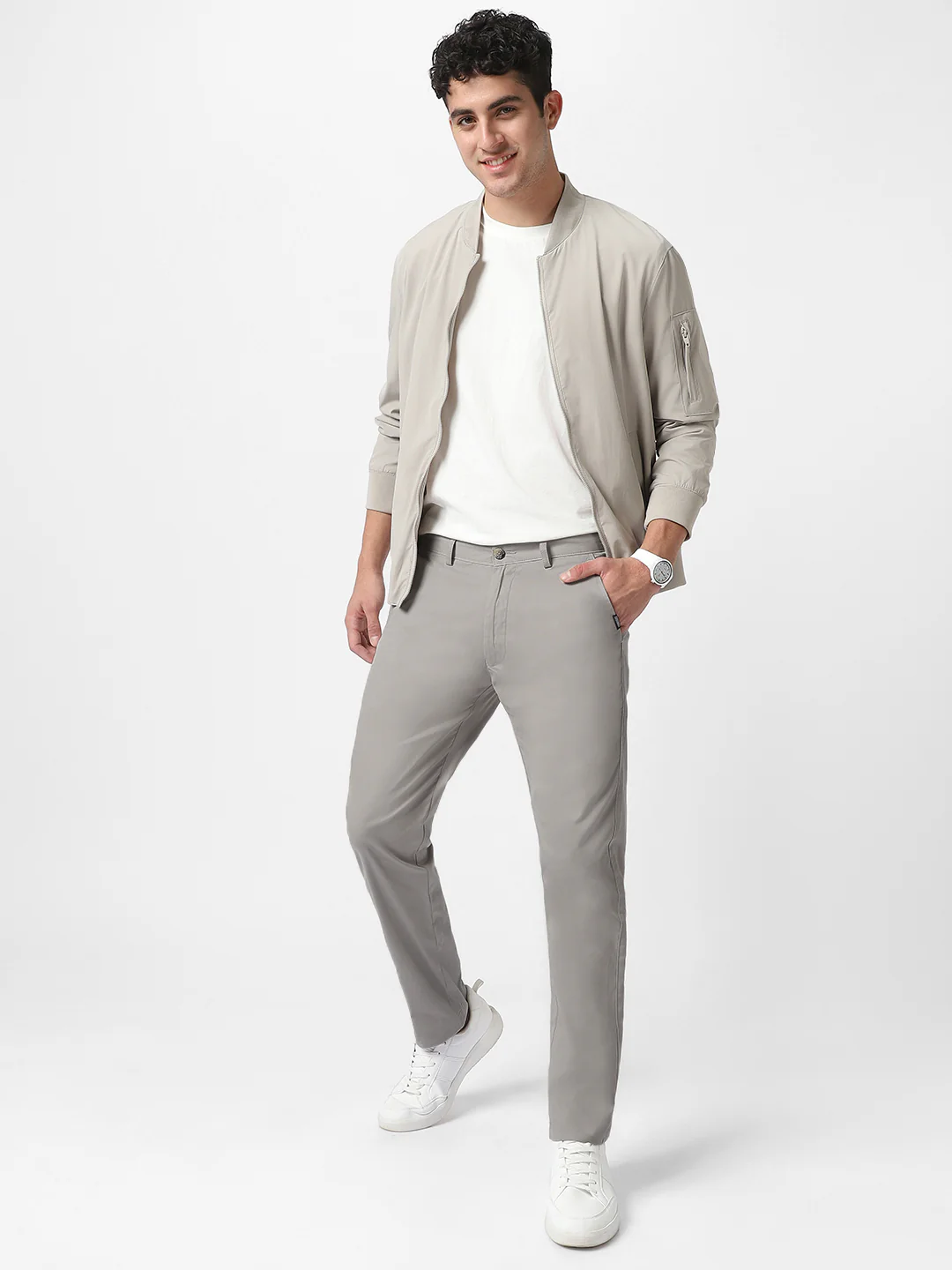 Men's Grey Cotton Slim Fit Casual Chinos Trousers - Image 5