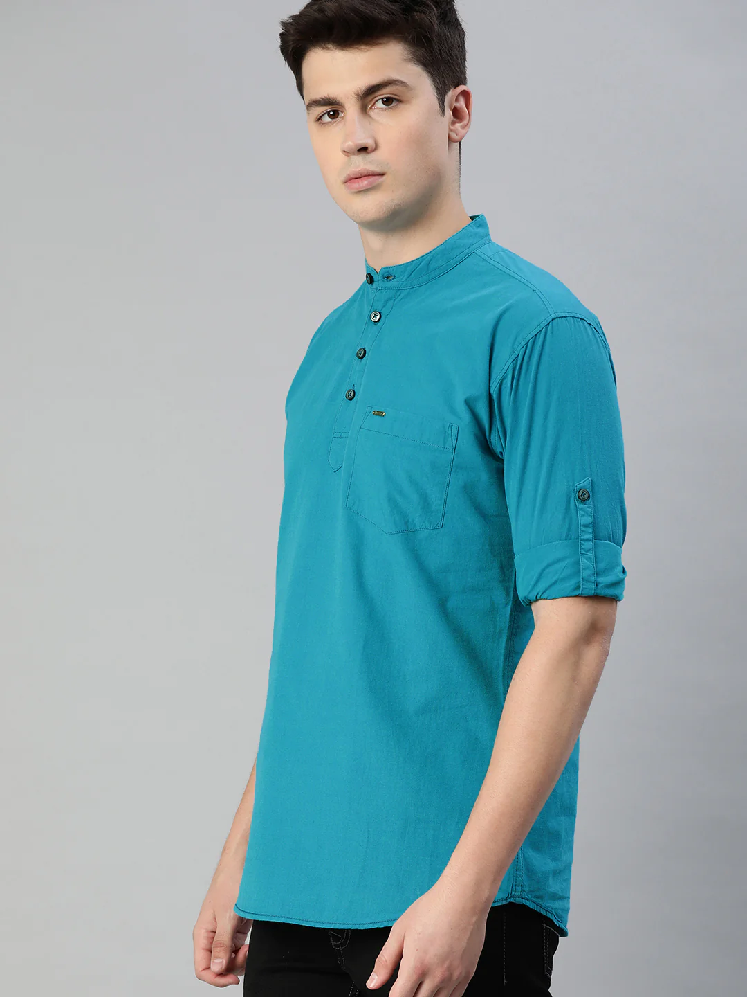 Men Teal Blue Slim Fit Solid Casual Shirt - Image 2