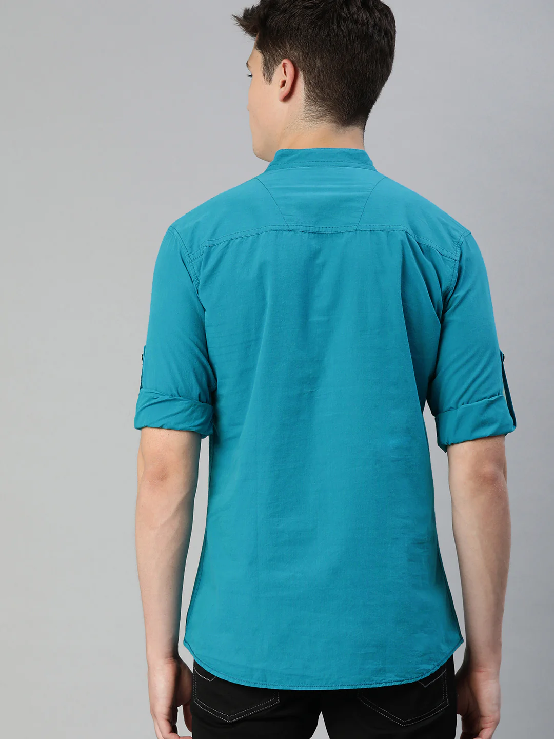 Men Teal Blue Slim Fit Solid Casual Shirt - Image 3