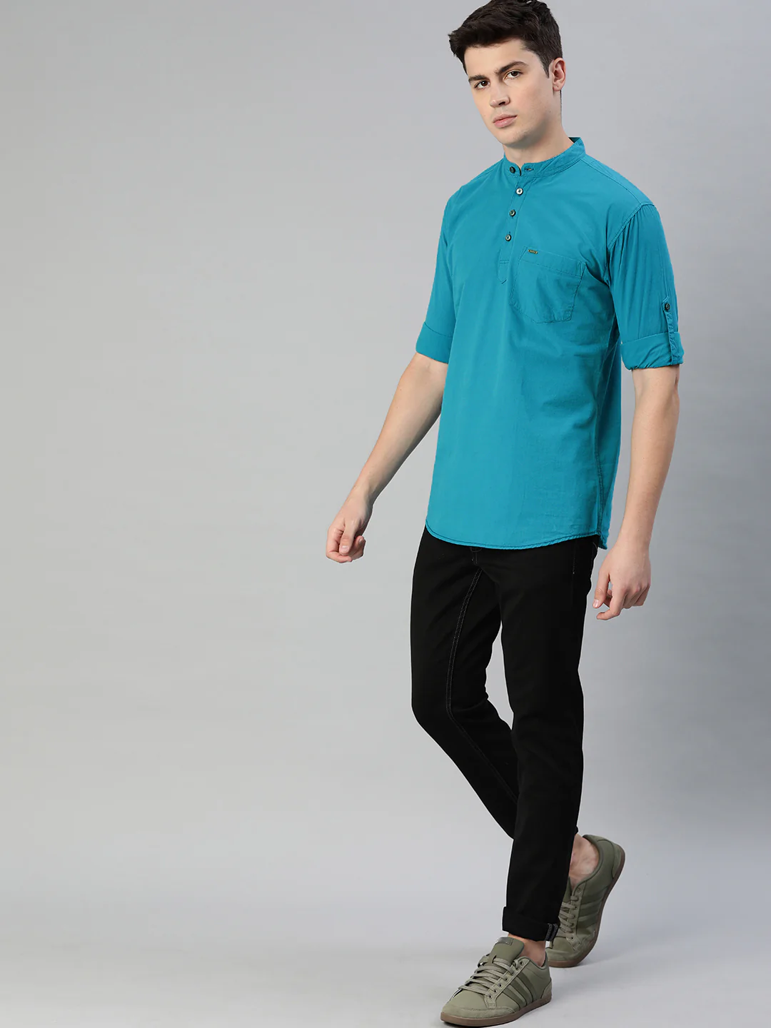 Men Teal Blue Slim Fit Solid Casual Shirt - Image 4