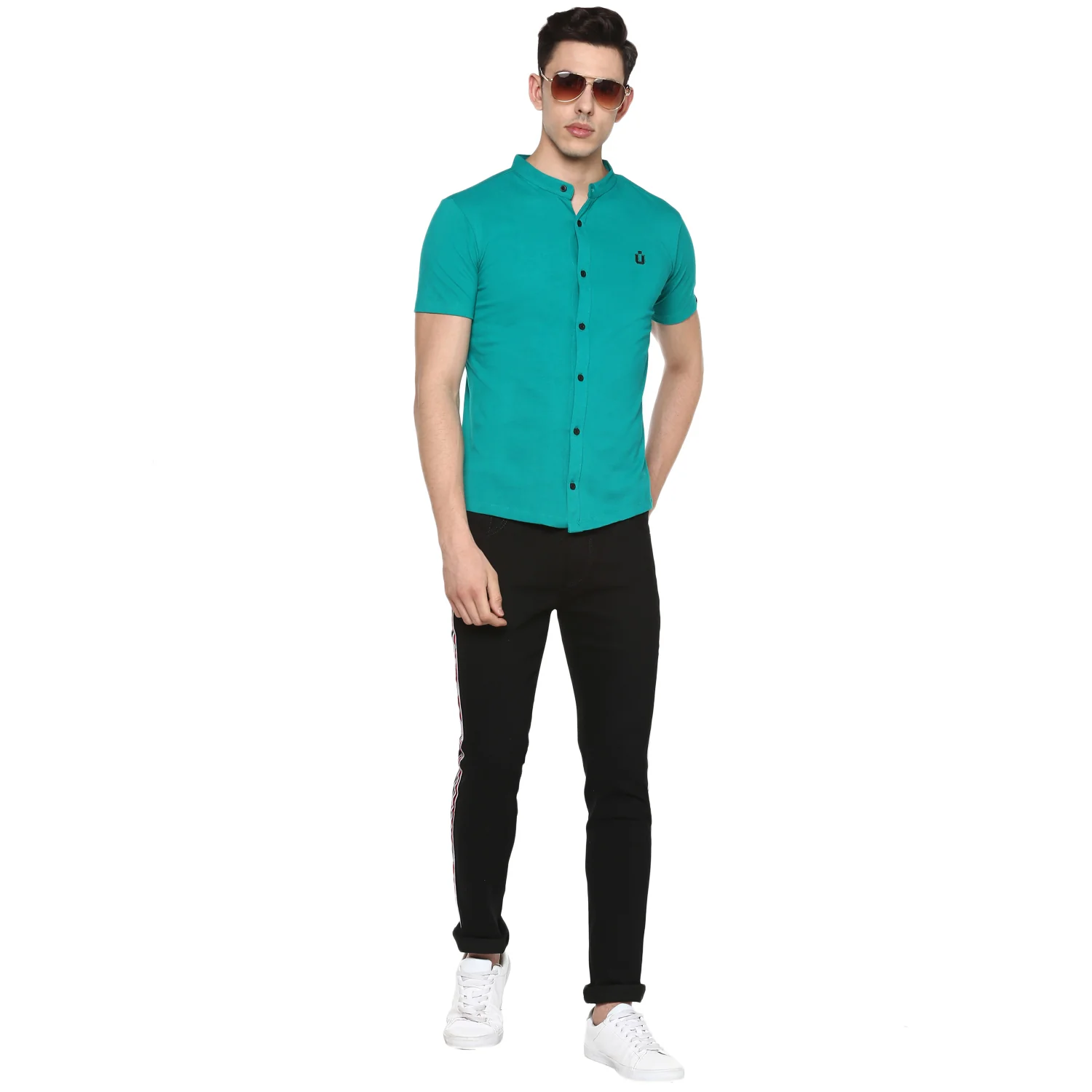 Men Teal Green Slim Fit Solid Casual Shirt - Image 4