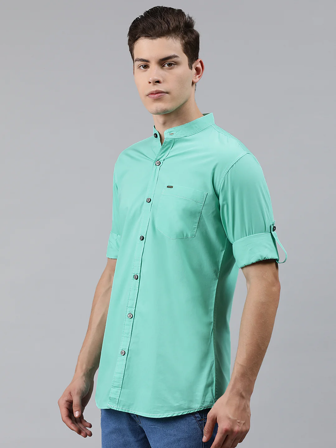 Men Turquoise Blue Slim Fit Solid Casual Shirt - Image 2