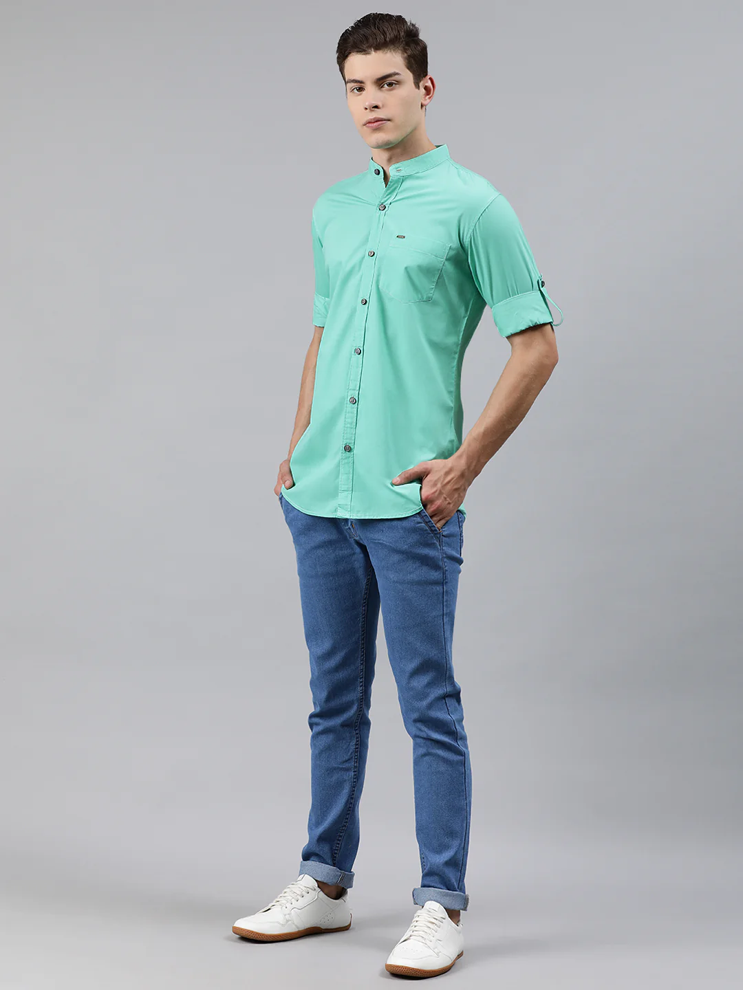 Men Turquoise Blue Slim Fit Solid Casual Shirt - Image 4