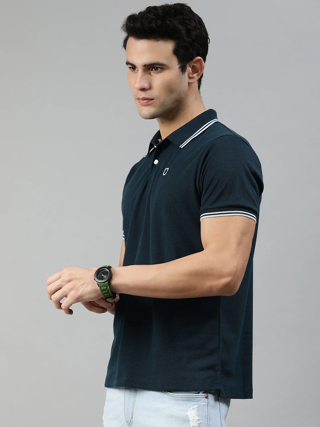 Men's Airforce Blue Solid Slim Fit Half Sleeve Cotton Polo T-Shirt - Image 2