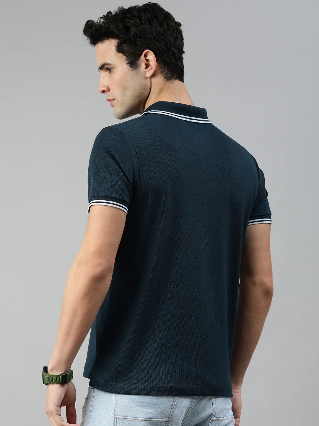 Men's Airforce Blue Solid Slim Fit Half Sleeve Cotton Polo T-Shirt - Image 3