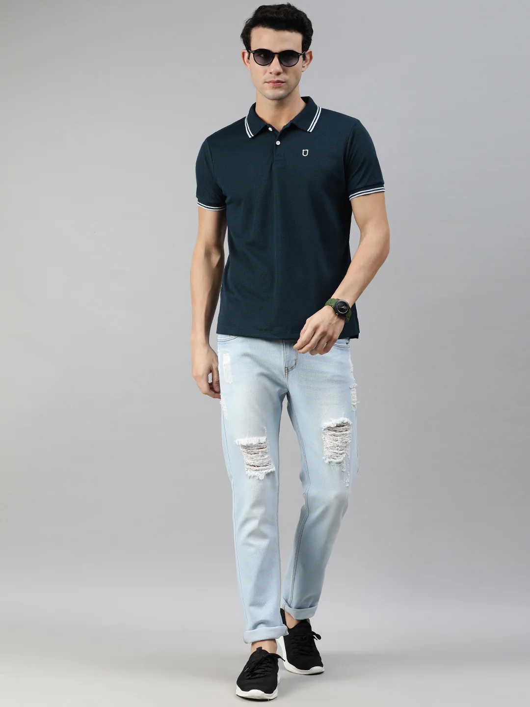 Men's Airforce Blue Solid Slim Fit Half Sleeve Cotton Polo T-Shirt - Image 4