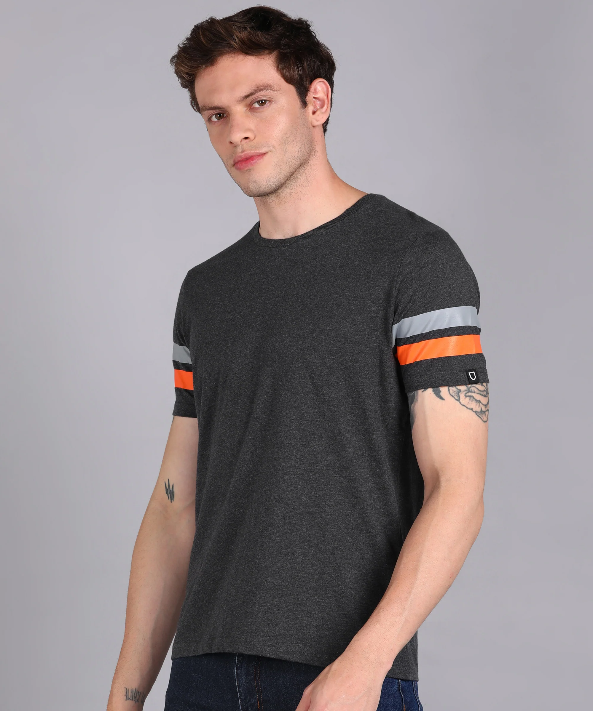 Men's Anthra, Grey, Orange Cotton Color-Block Slim Fit Half Sleeve T-Shirt - Image 2