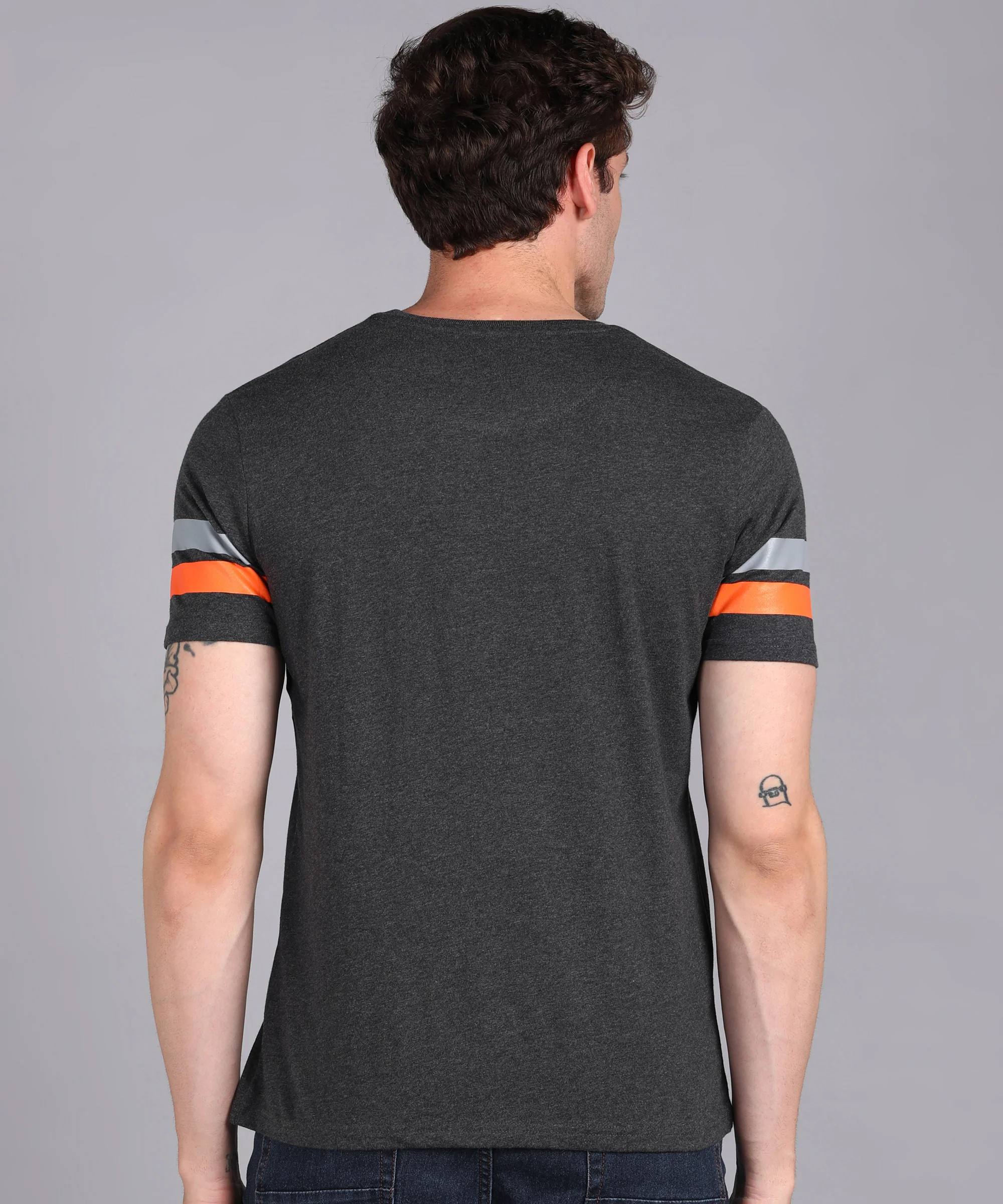 Men's Anthra, Grey, Orange Cotton Color-Block Slim Fit Half Sleeve T-Shirt - Image 3