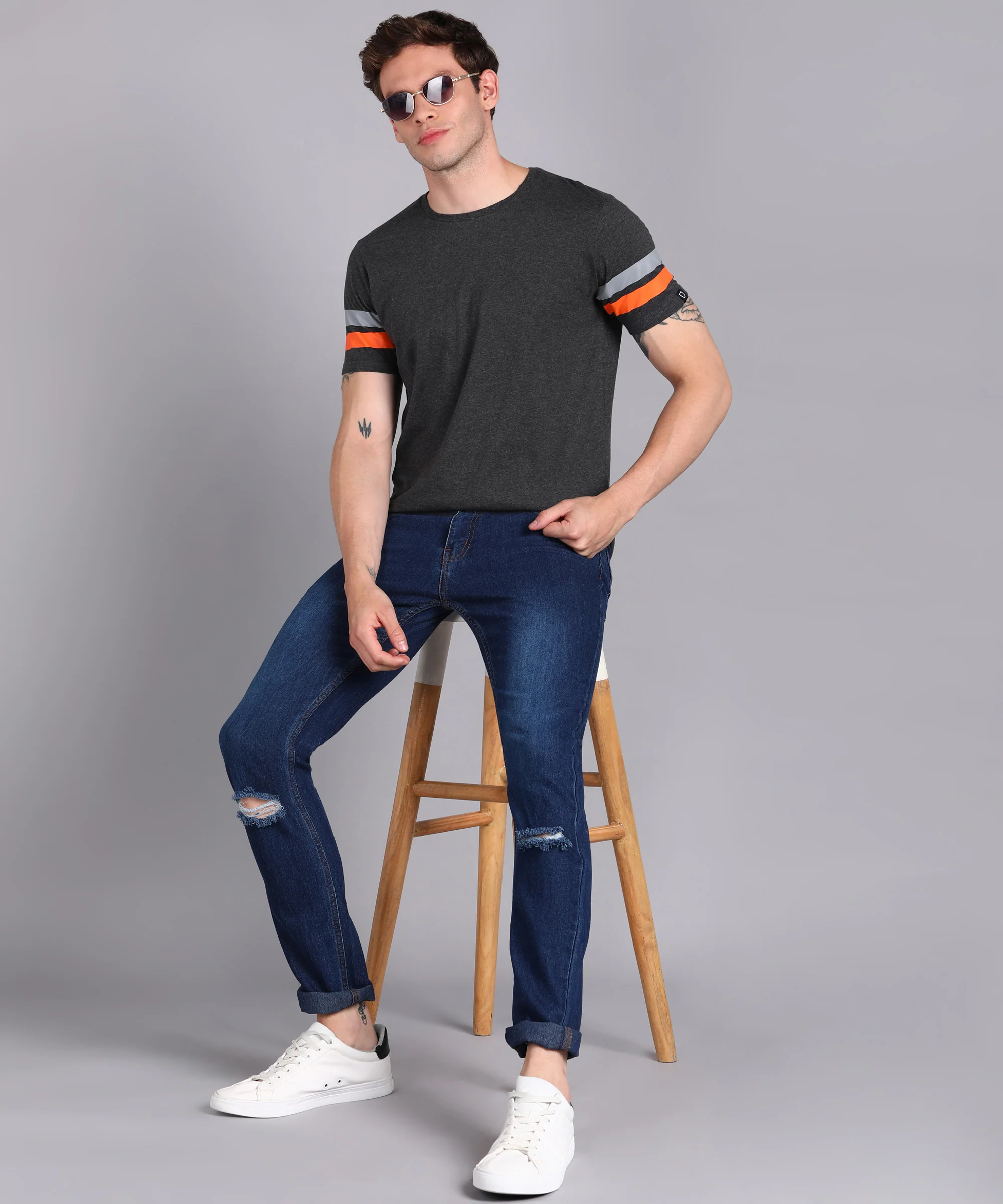 Men's Anthra, Grey, Orange Cotton Color-Block Slim Fit Half Sleeve T-Shirt - Image 4
