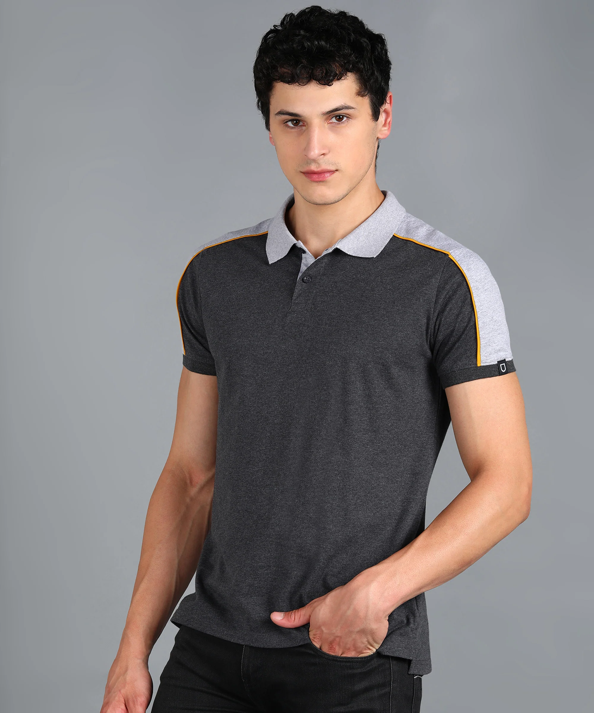 Men's Anthra Melange, Red, Mustard Colour-Block Slim Fit Half Sleeve Cotton Polo T-Shirt - Image 2