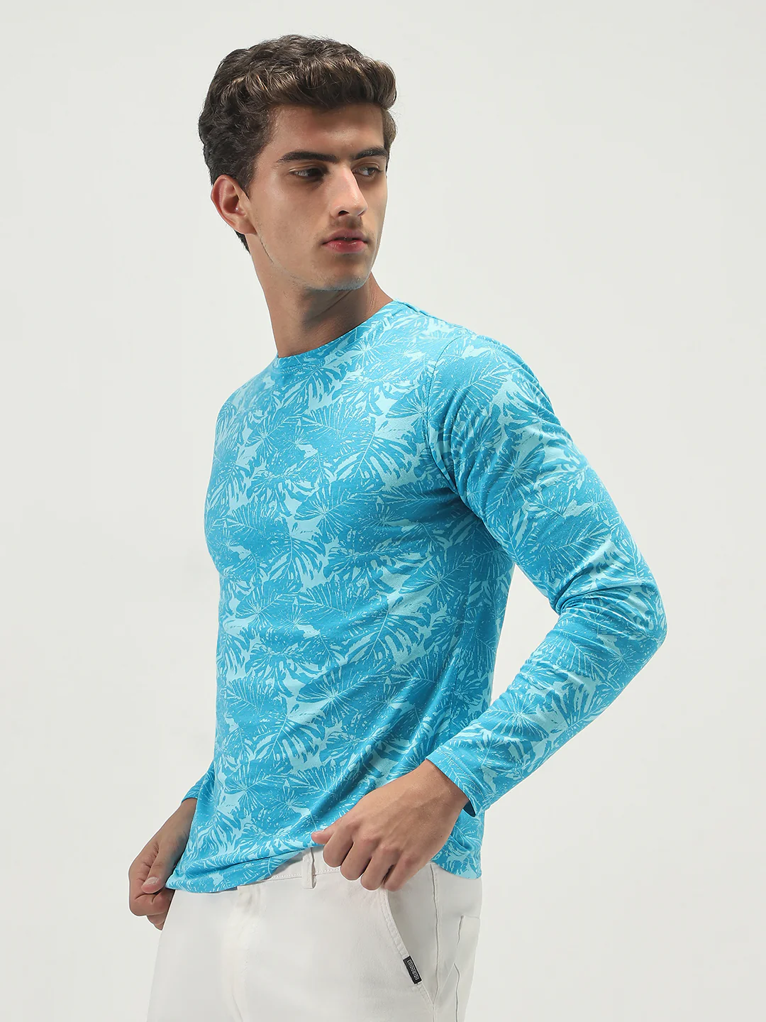Men's Aqua Blue Printed Full Sleeve Slim Fit Cotton T-Shirt - Image 2