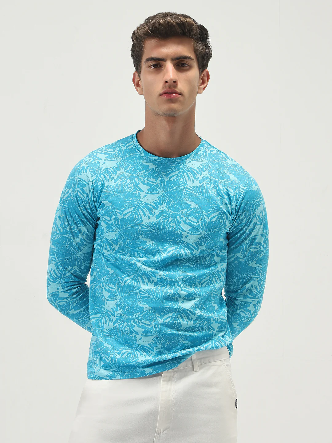 Men's Aqua Blue Printed Full Sleeve Slim Fit Cotton T-Shirt - Image 3