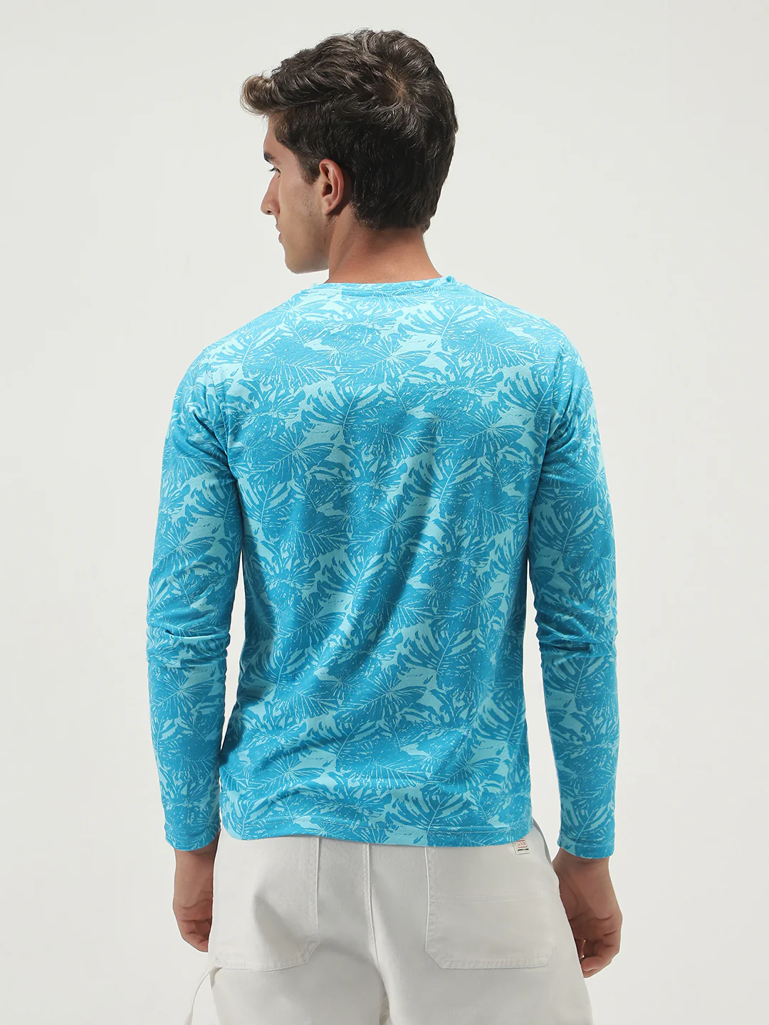 Men's Aqua Blue Printed Full Sleeve Slim Fit Cotton T-Shirt - Image 4