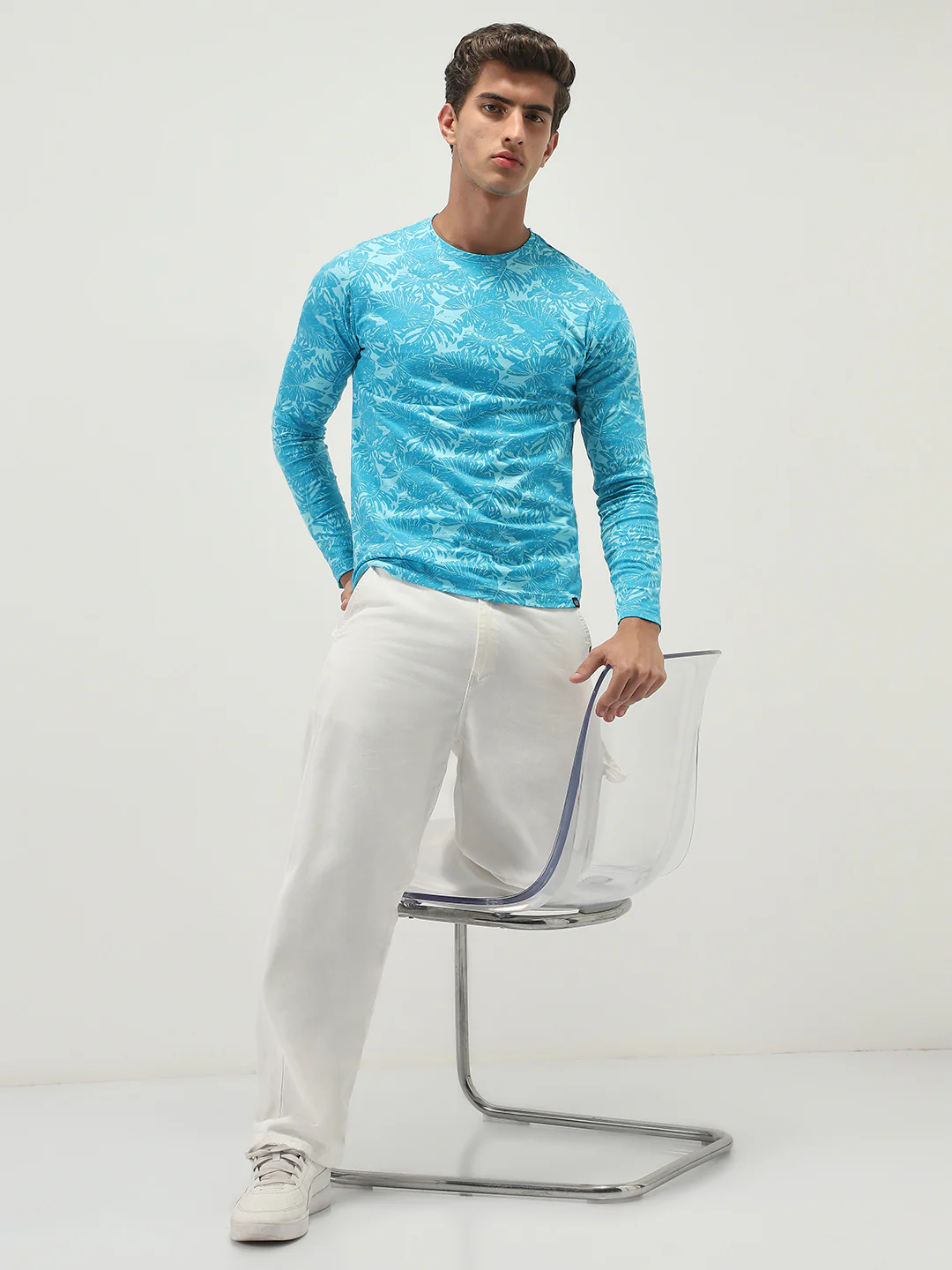 Men's Aqua Blue Printed Full Sleeve Slim Fit Cotton T-Shirt - Image 5