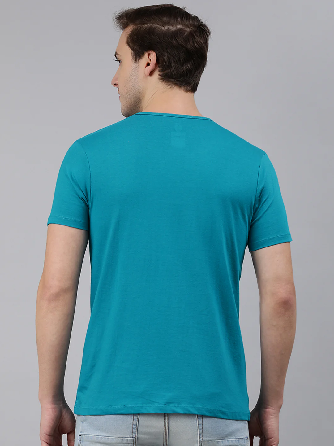 Men's Aqua Blue Solid Henley Neck Slim Fit Half Sleeve Cotton T-Shirt - Image 2