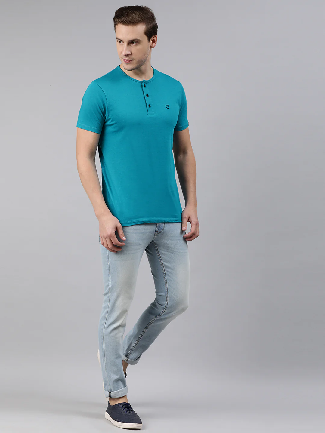 Men's Aqua Blue Solid Henley Neck Slim Fit Half Sleeve Cotton T-Shirt - Image 3
