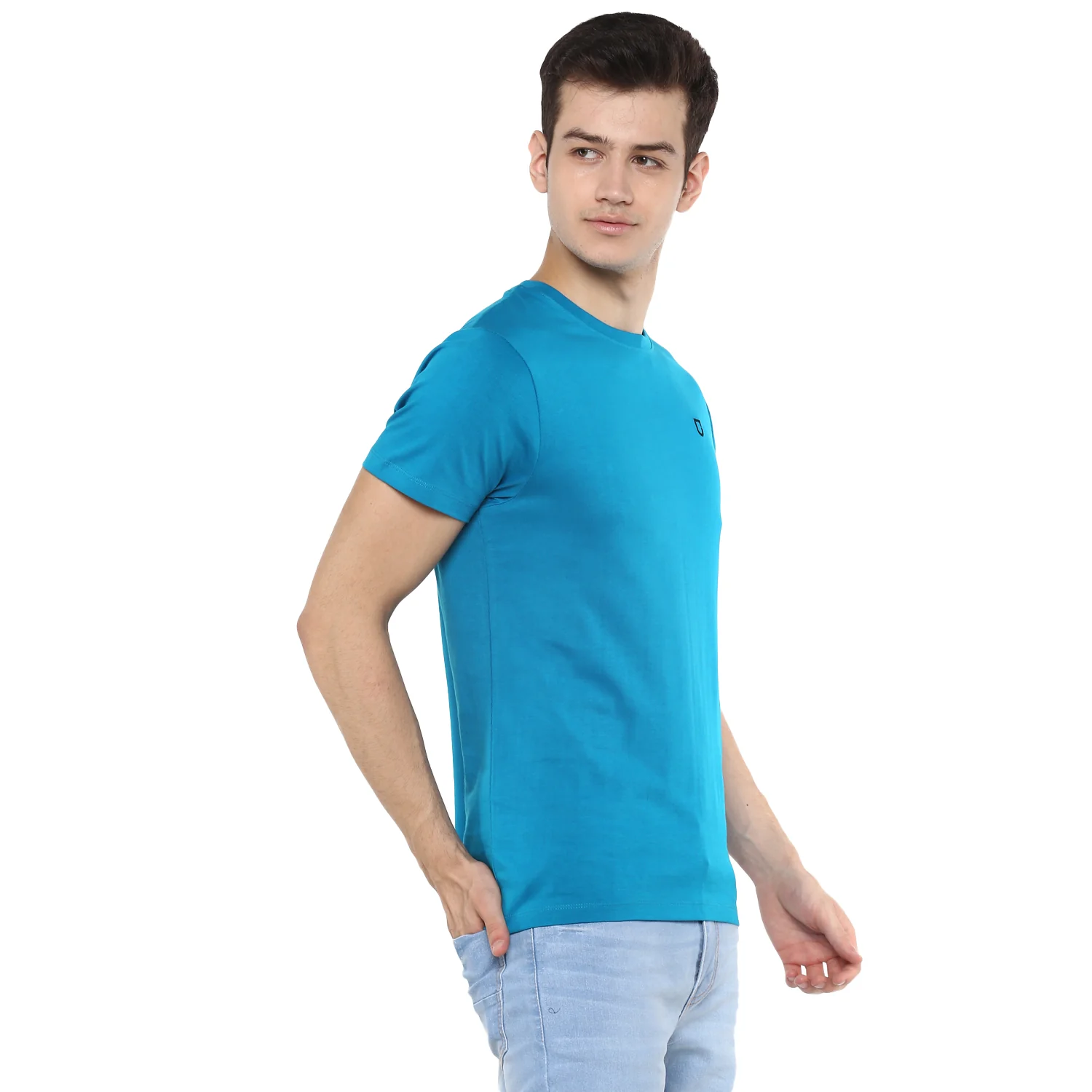 Men's Aqua Blue Solid Slim Fit Round Neck Cotton T-Shirt - Image 2