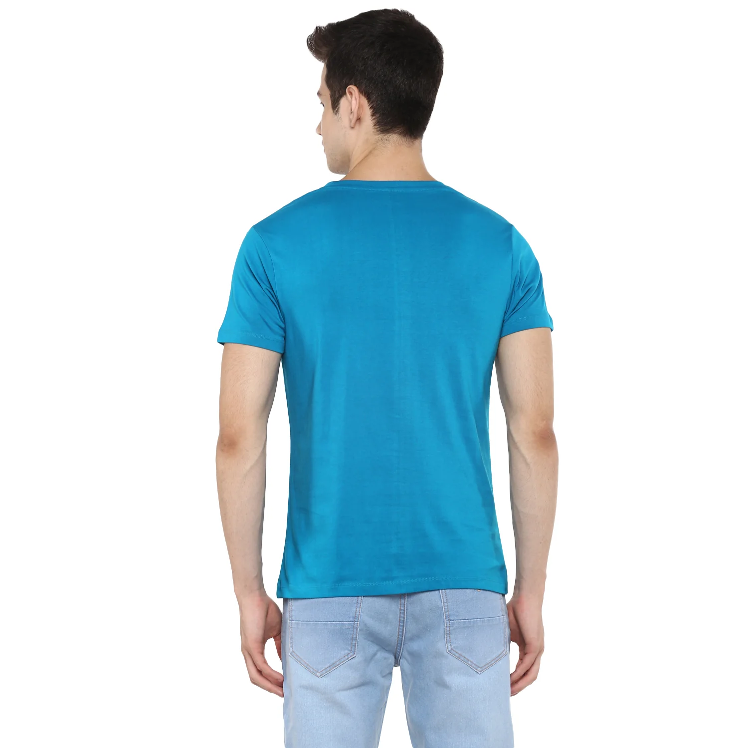Men's Aqua Blue Solid Slim Fit Round Neck Cotton T-Shirt - Image 3