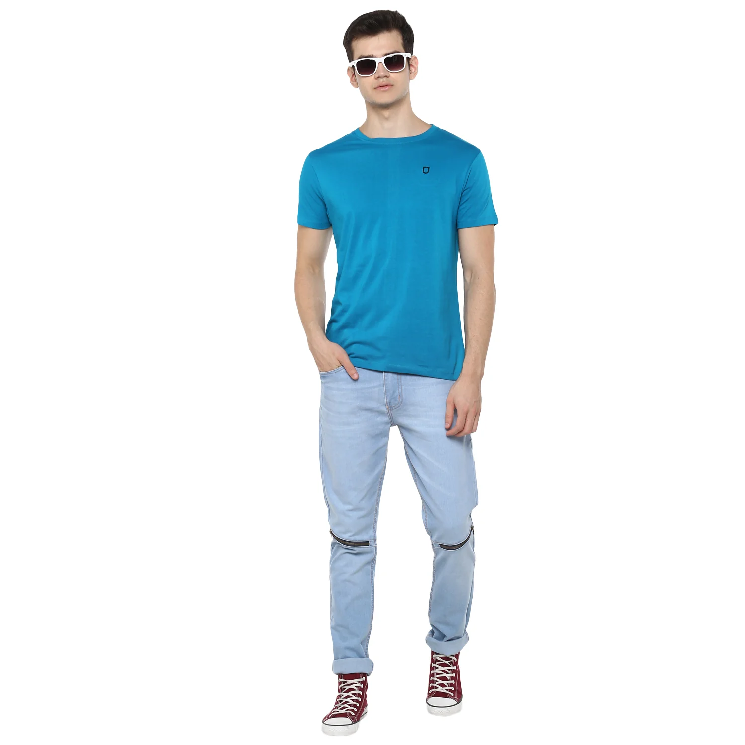 Men's Aqua Blue Solid Slim Fit Round Neck Cotton T-Shirt - Image 4