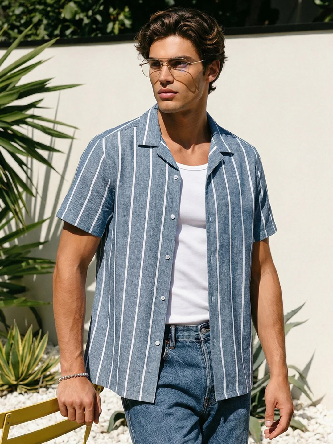 Men's Aqua Cotton Half Sleeve Relaxed Fit Linen Striped Shirt with Cuban Collar