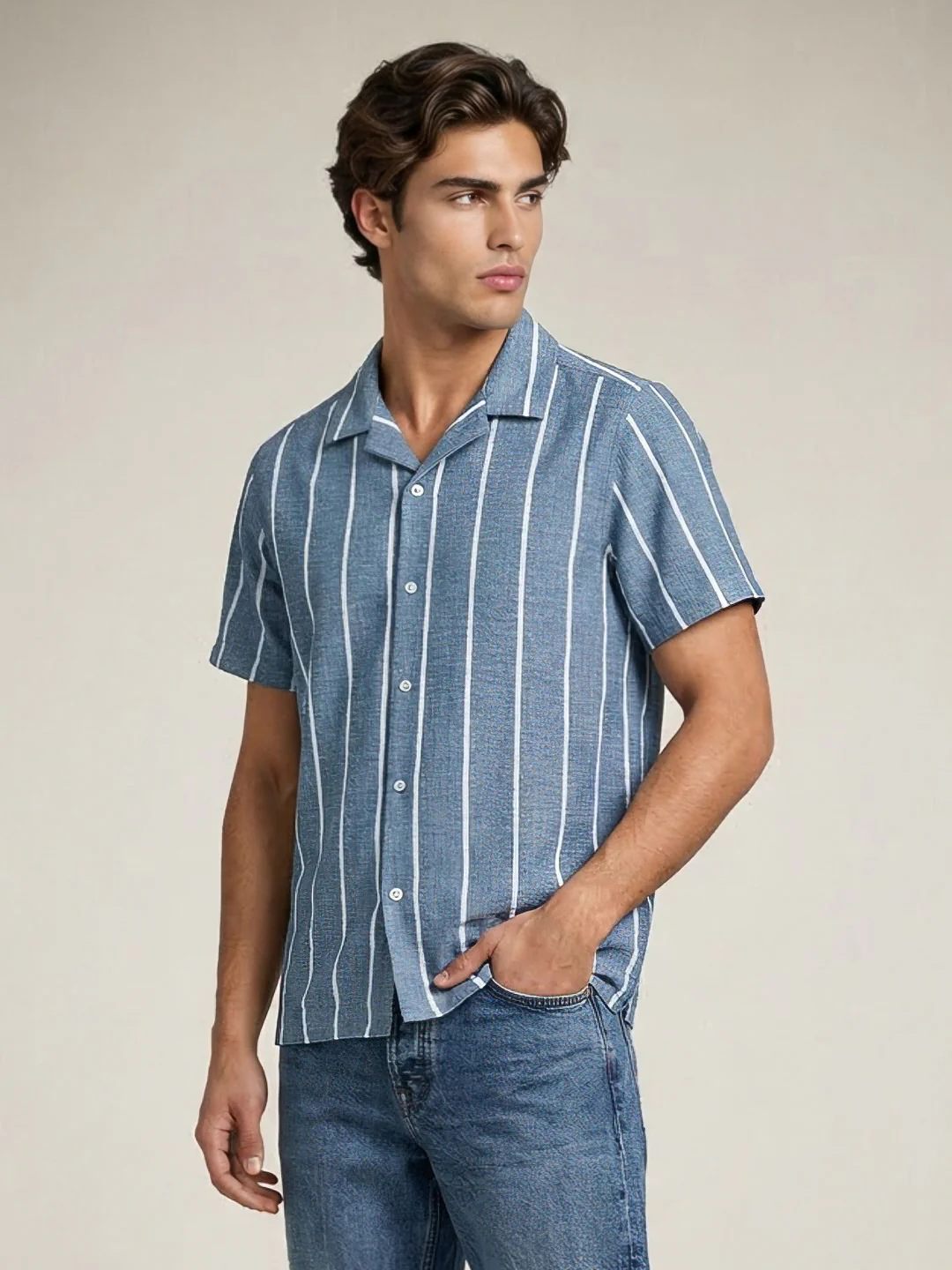 Men's Aqua Cotton Half Sleeve Relaxed Fit Linen Striped Shirt with Cuban Collar - Image 2