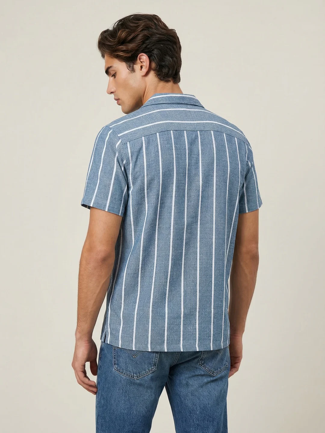 Men's Aqua Cotton Half Sleeve Relaxed Fit Linen Striped Shirt with Cuban Collar - Image 3