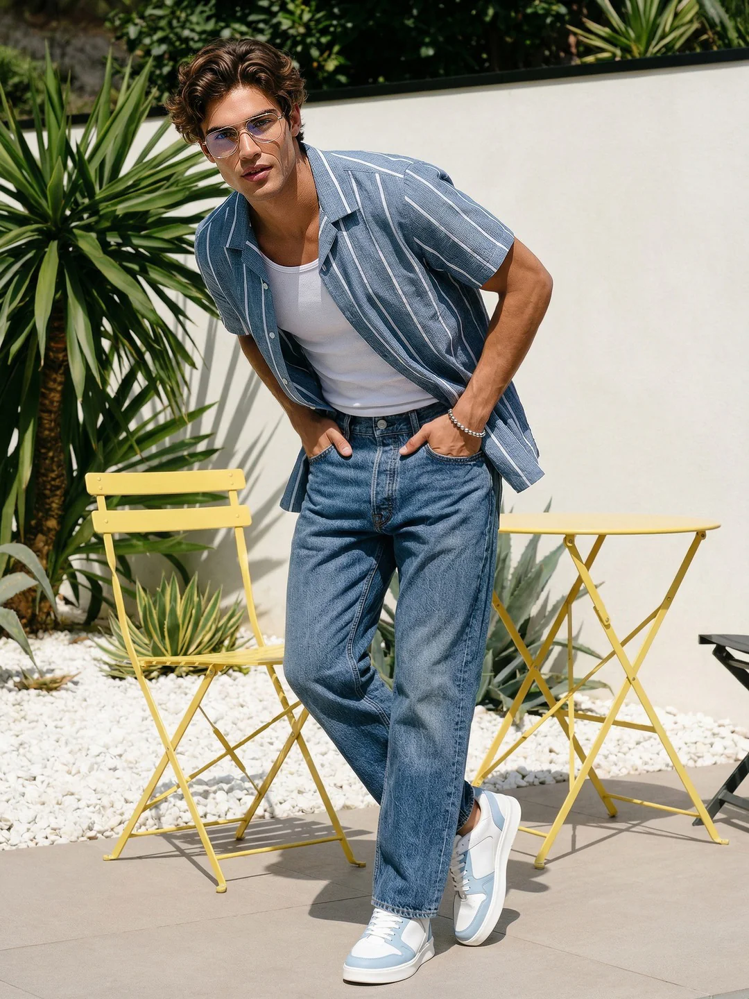 Men's Aqua Cotton Half Sleeve Relaxed Fit Linen Striped Shirt with Cuban Collar - Image 4